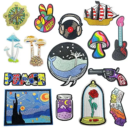 15 Pieces Aesthetic Outdoors Theme Iron On Patches, Iron On Patches for Clothing Jackets Backpacks Jeans, Each Embroidered Patch is Durable and Sticks for Pants Hats All Fabric