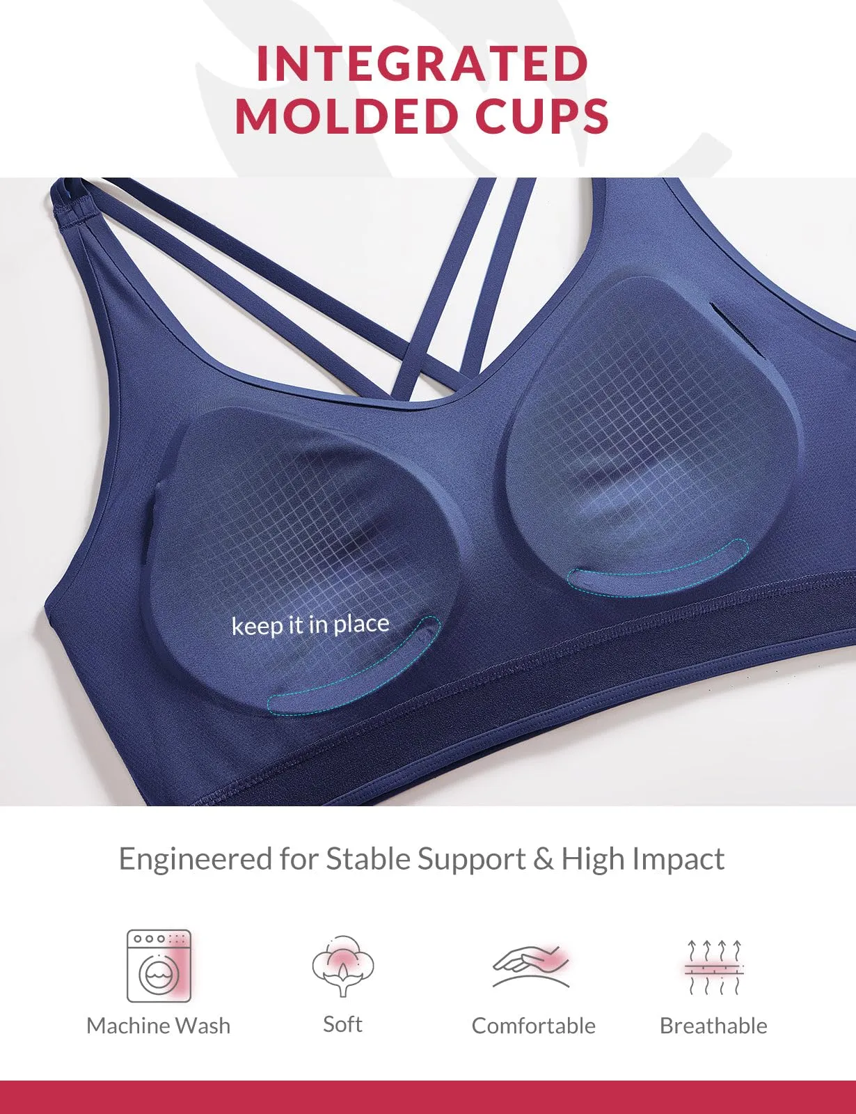 BALEAF Nuleaf Sports Bras for Women, Strappy Longline Yoga Padded Bras, High Impact Molded Cups Workout Crop Top Navy Blue M