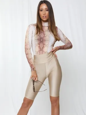Beige Satin High Waist Band Cycling Shorts