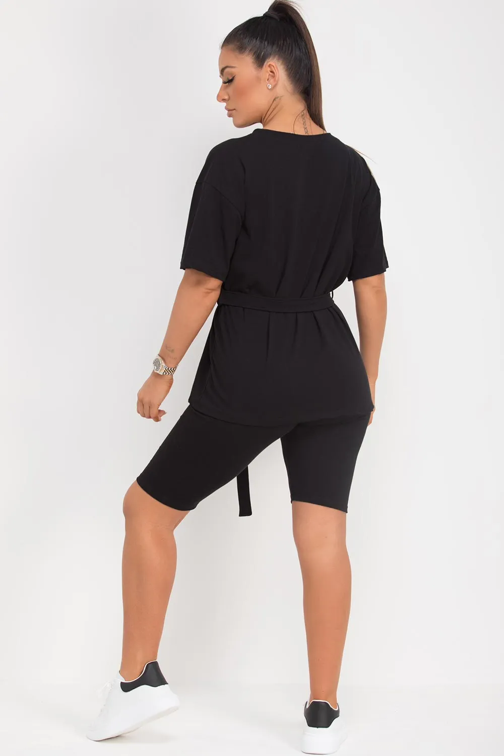 Black Cycling Shorts And Oversized Top Set With Utility Belt