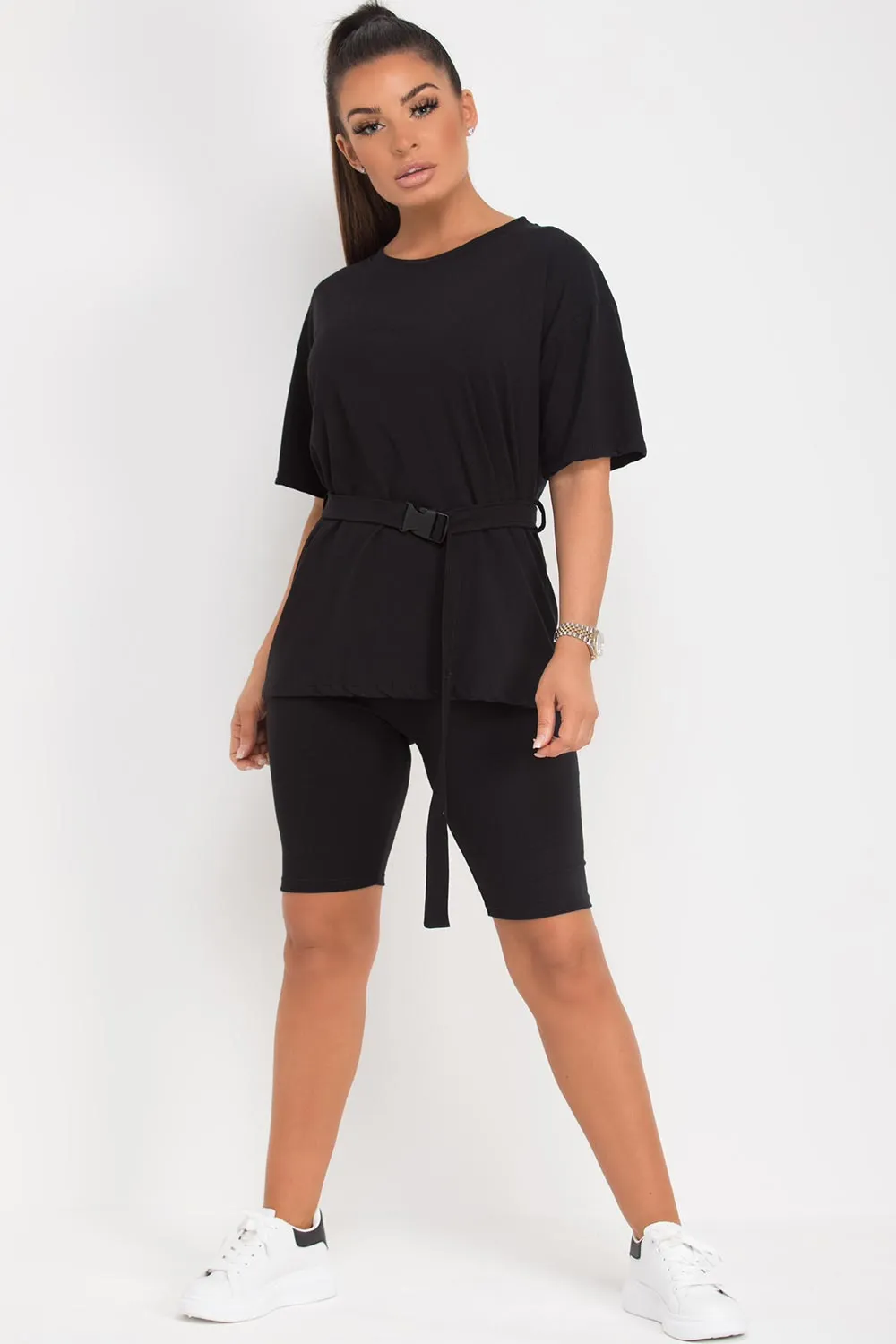 Black Cycling Shorts And Oversized Top Set With Utility Belt