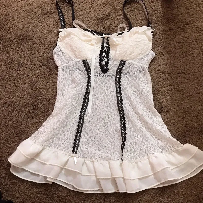 Bonnyshow Retro Grunge Cami Tank Top Low Cut White Lace Transparent Ruffles Hem Sleeveless Vest E-girl Punk Harajuku Emo Alt Clothes