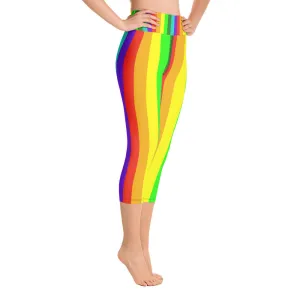 Bright Rainbow Capri Leggings, Gay Pride Striped Women's Yoga Tights -Made in USA/EU