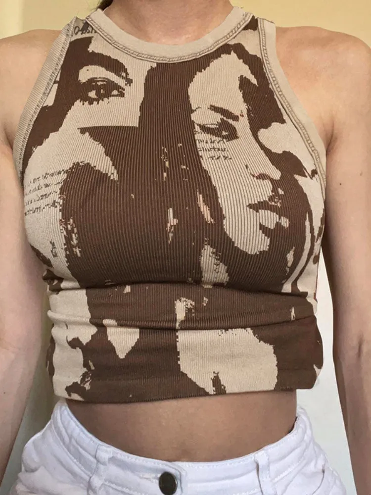 Brown Digital Printing Skinny Backless Top