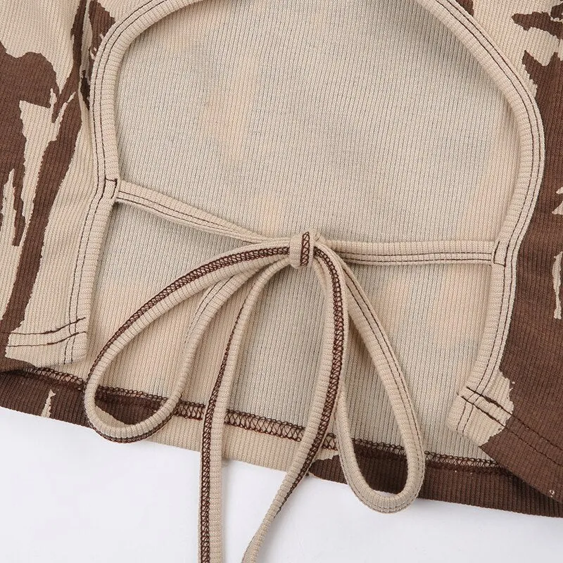 Brown Digital Printing Skinny Backless Top