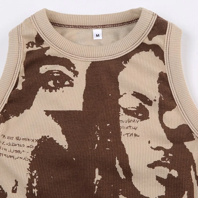 Brown Digital Printing Skinny Backless Top