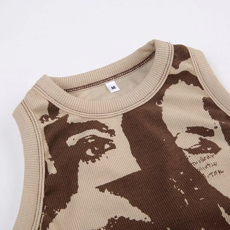Brown Digital Printing Skinny Backless Top