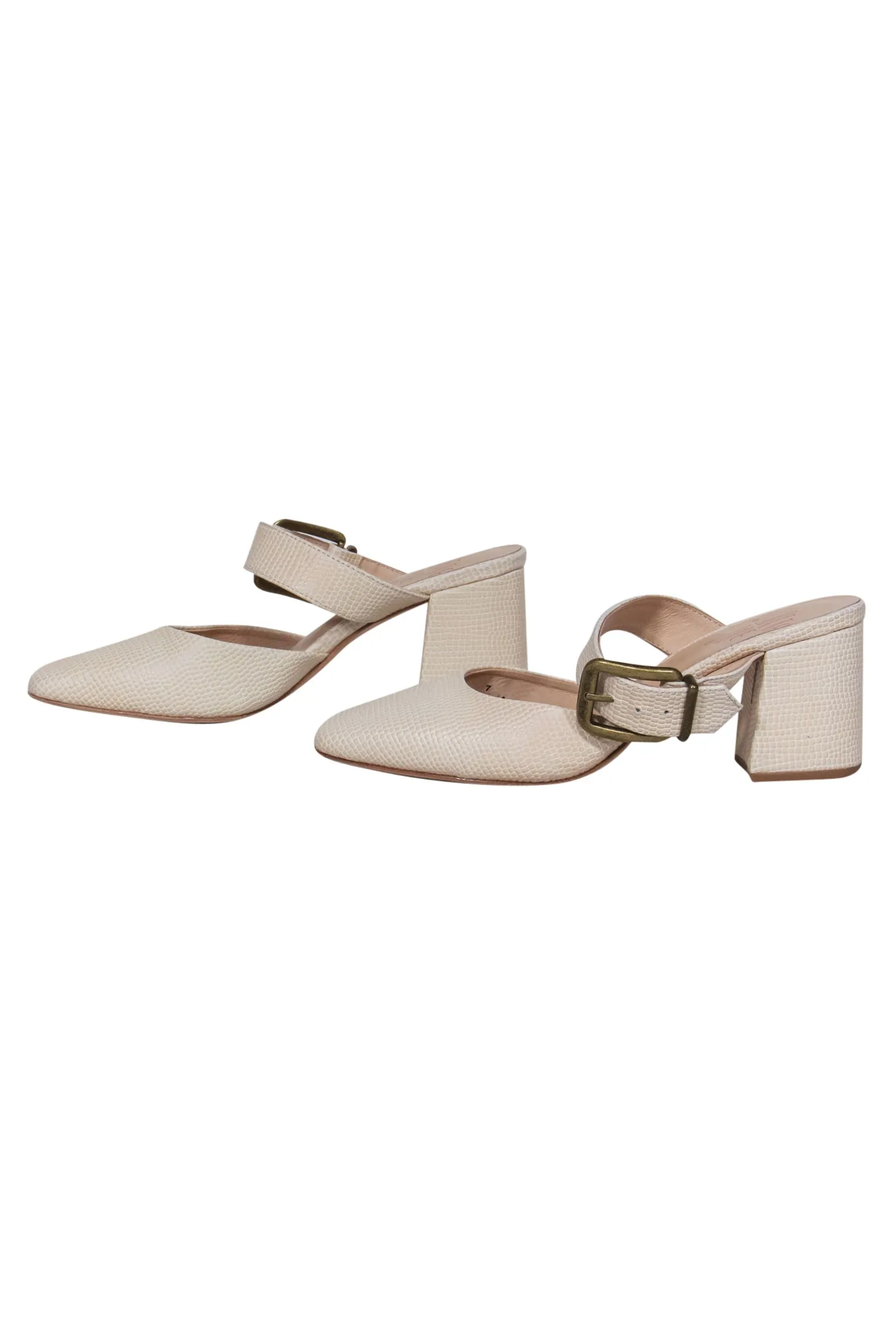 Charlotte Stone - Cream Embossed Square Toe Buckle Heels Sz 7