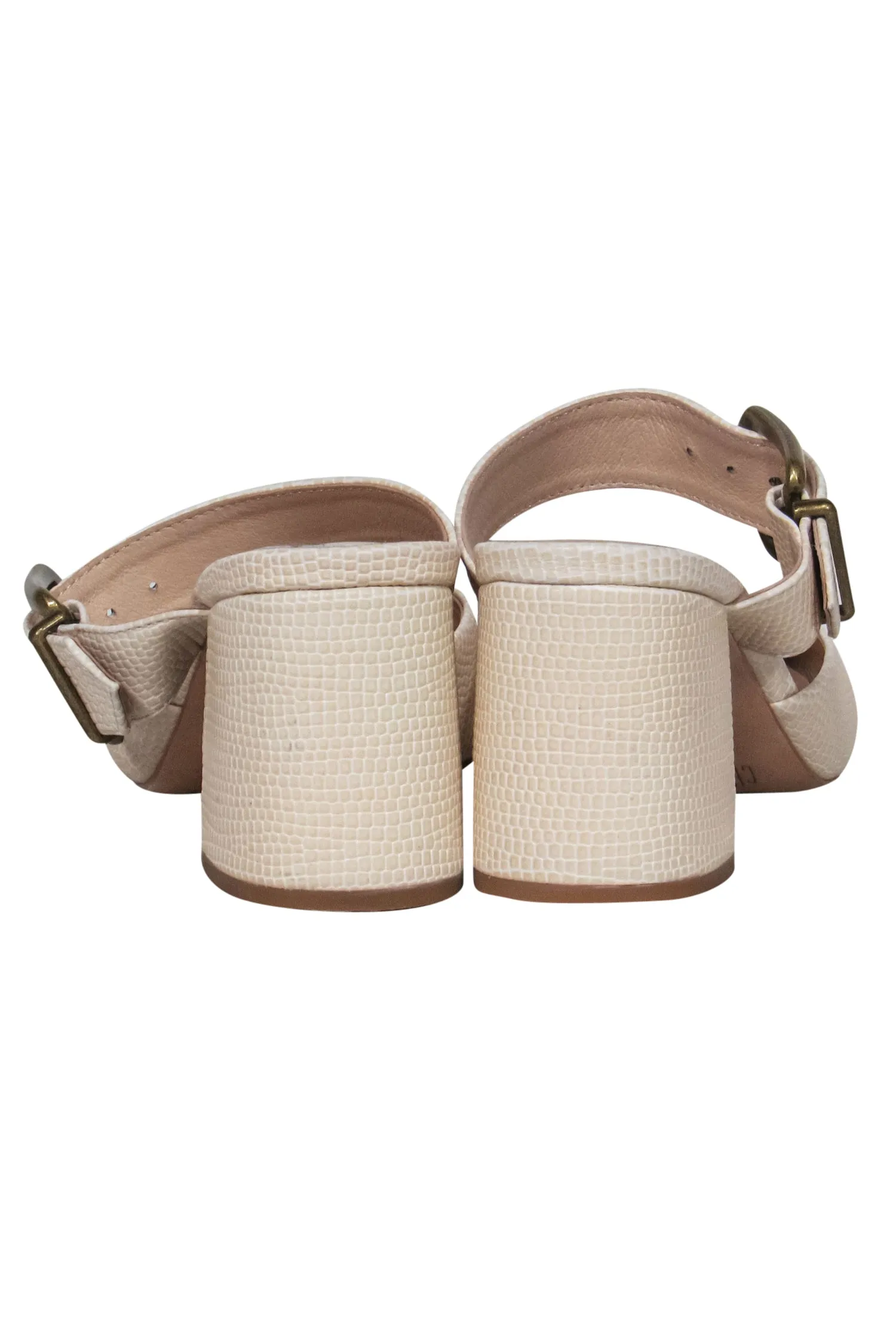 Charlotte Stone - Cream Embossed Square Toe Buckle Heels Sz 7