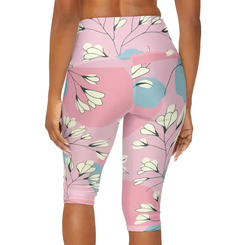 Chic Pink Yoga Capri Leggings with White Flowers