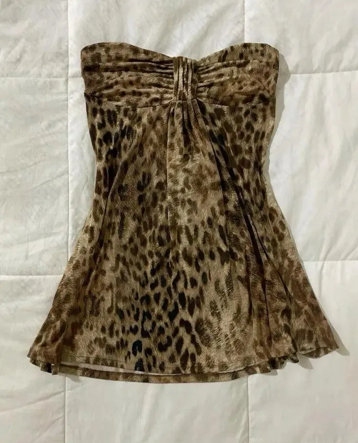 Dermearne 2 Y2K Vintage Hot Girl Strapless Off Shoulder Ruched Tube Tops Women's Front Ruffles Summer Party Clubwear Tank Leopard print Vest