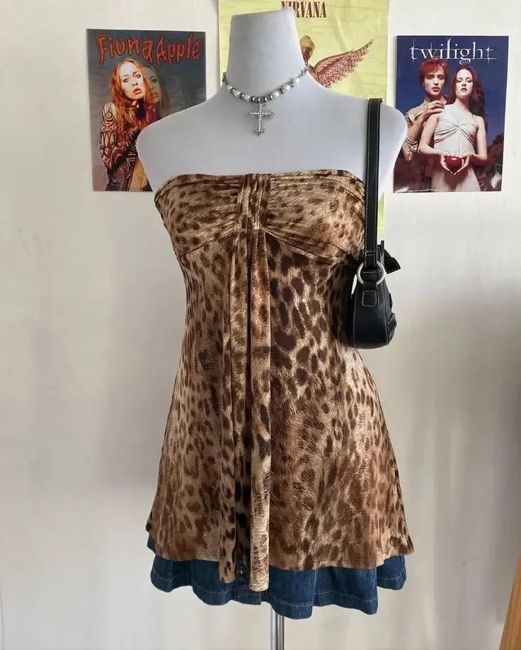 Dermearne 2 Y2K Vintage Hot Girl Strapless Off Shoulder Ruched Tube Tops Women's Front Ruffles Summer Party Clubwear Tank Leopard print Vest