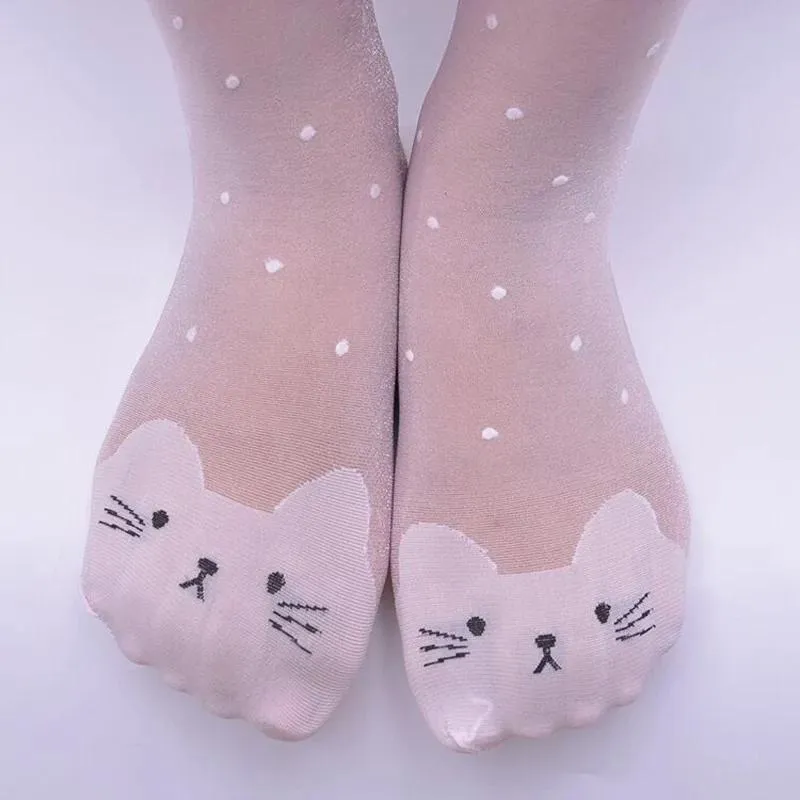 Girls Kitty Face Textured Sheer White Tights