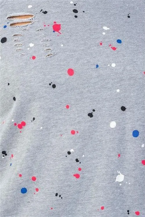 Grey Paint Splatter Distressed Front Pullover
