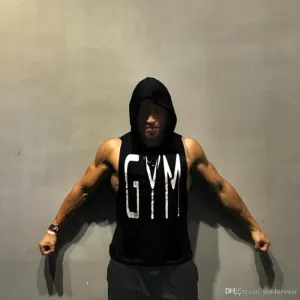 GYM Letters Print Tank Tops Men Athletic Fitness Casual Vest Sleeveless Hooded Loose tEE Summer Clothing Tops