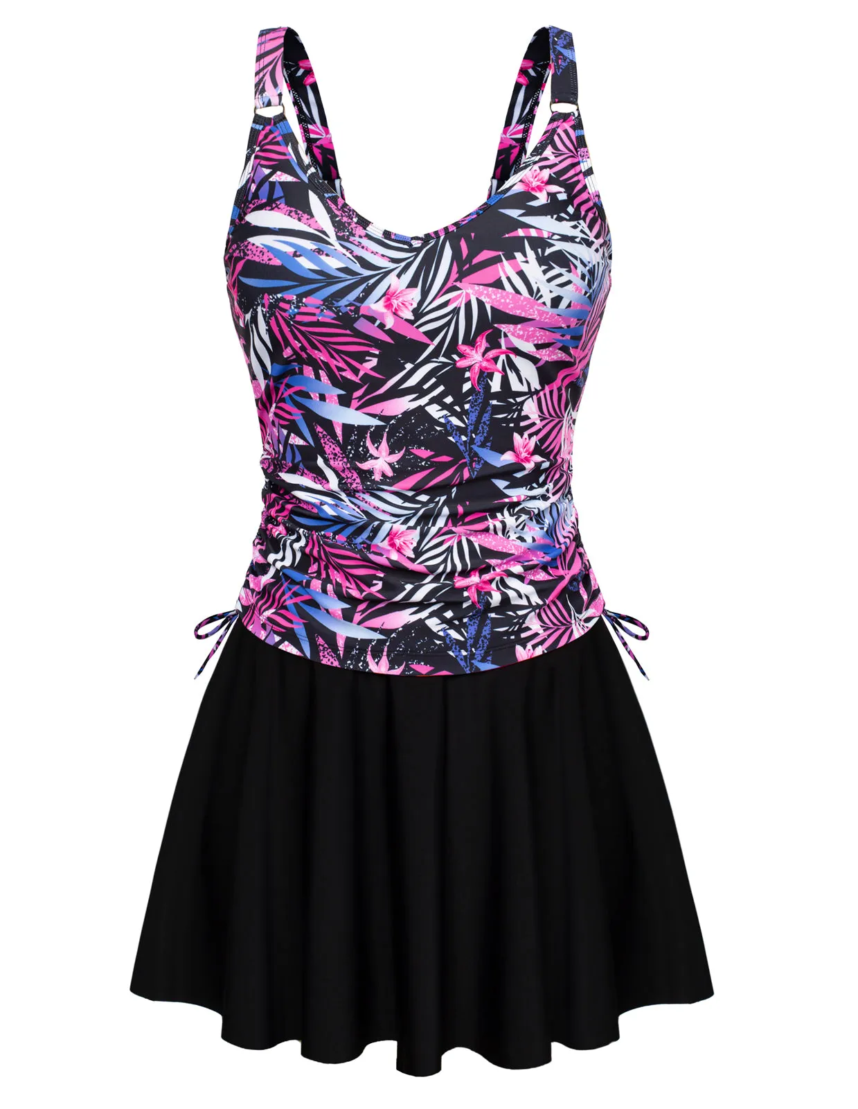 KK Women 2pcs Set Swimsuit V-Neck Ruched Padded Swim Tops Swim Skirt with Briefs
