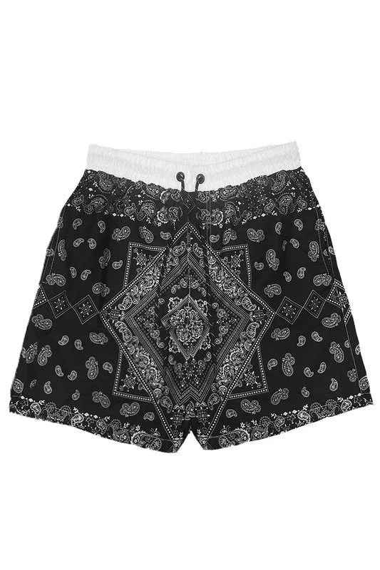 Men's Black Paisley Bandana Print Swimming Shorts