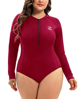 Plus Size One Piece Rash Guard For Women Long Sleeve Swimsuit Upf 50 -Red