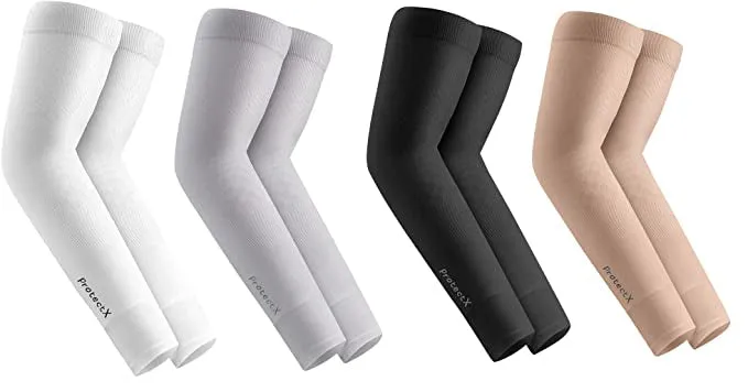 ProtectX Cooling UV Protection Black White Thumb-Hole Arm Sleeves for Men & Women - Breathable, Moisture-Wicking, Compression