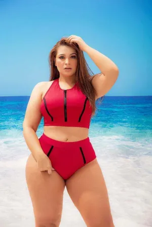 Red Zipper Front Razor Back Top & Bikini Bottom Swimwear Plus Size