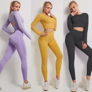 Seamless Women Yoga Set High Waist Yoga Pants Gym Clothing Women Sportswear Fitness Long Sleeve Shirt Workout Sports Suits 2pcs