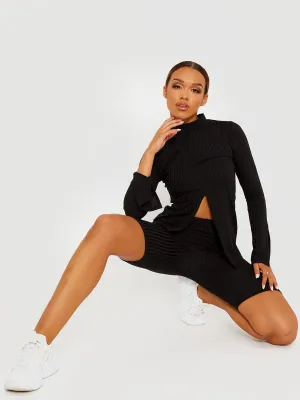 Sisi Split Front Ribbed Top & Cycling Shorts Co-ord In Black