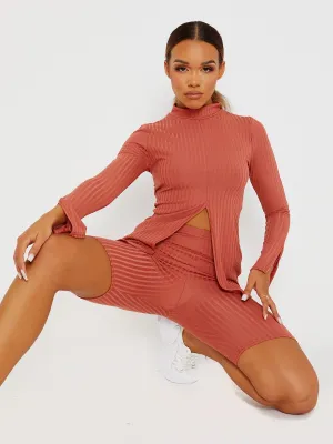 Sisi Split Front Ribbed Top & Cycling Shorts Co-ord In Rust