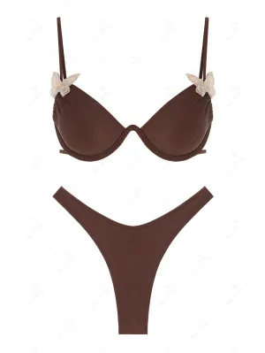Tied 3D Butterfly Appliques Decor High Leg Thong Bikini Set