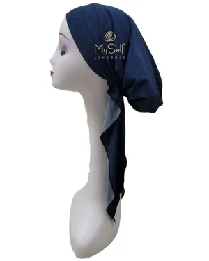 Triple Up Blue Denim Unlined Pre-Tied Bandanna with Black Stitching