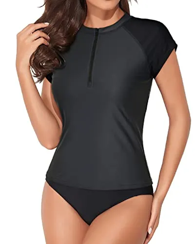 Two Piece Cap Sleeve Bathing Suit With Half Front Zipper-Grey And Black