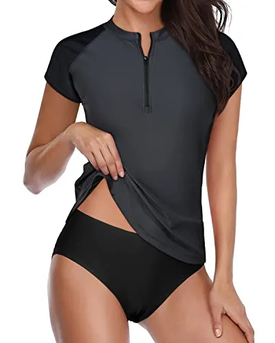 Two Piece Cap Sleeve Bathing Suit With Half Front Zipper-Grey And Black