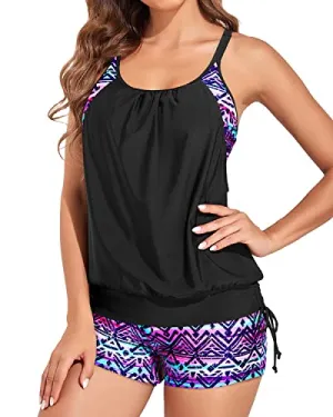 Unique Blouson Tankini Top With Tummy Control For Women-Black And Tribal Purple