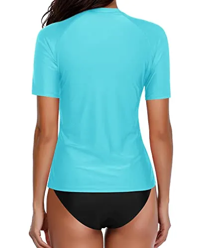 Uv Resistant Upf 50  Spf Swim Shirt With Bikini Bottom For Women-Teal Black