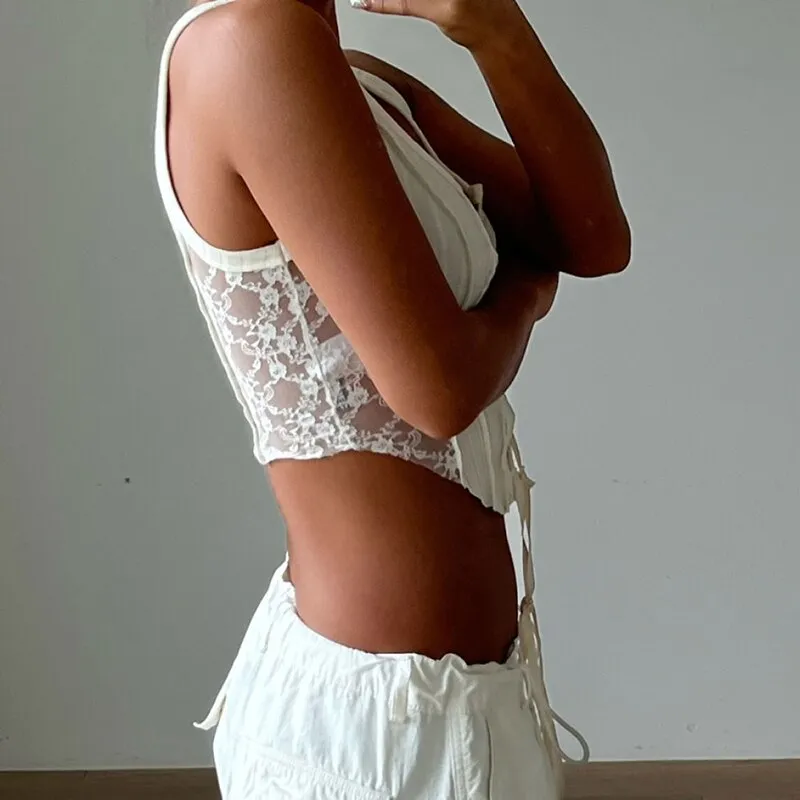 White Lace Spliced Short  Crop Top