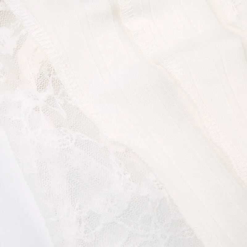 White Lace Spliced Short  Crop Top