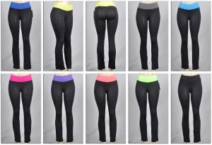women's boot cut athletic yoga pants - black w/ colored waist bands Case of 72