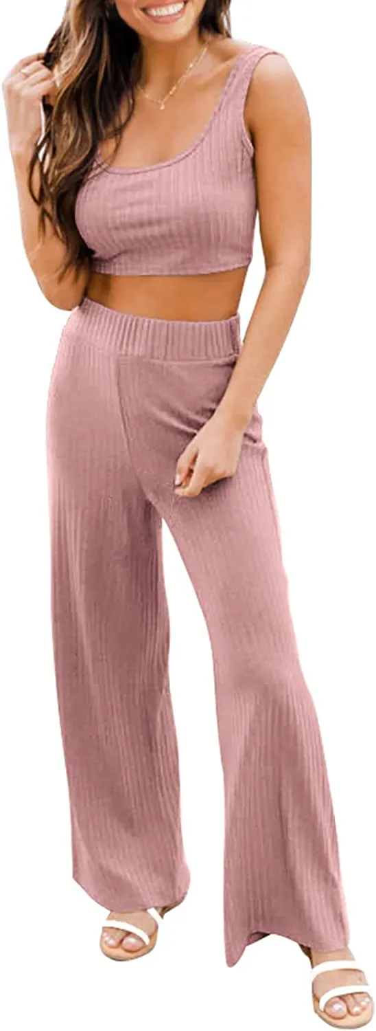 Women's Summer Casual Two Piece Outfits Sweatsuits Tank Scoop Neck Ribbed Knit
