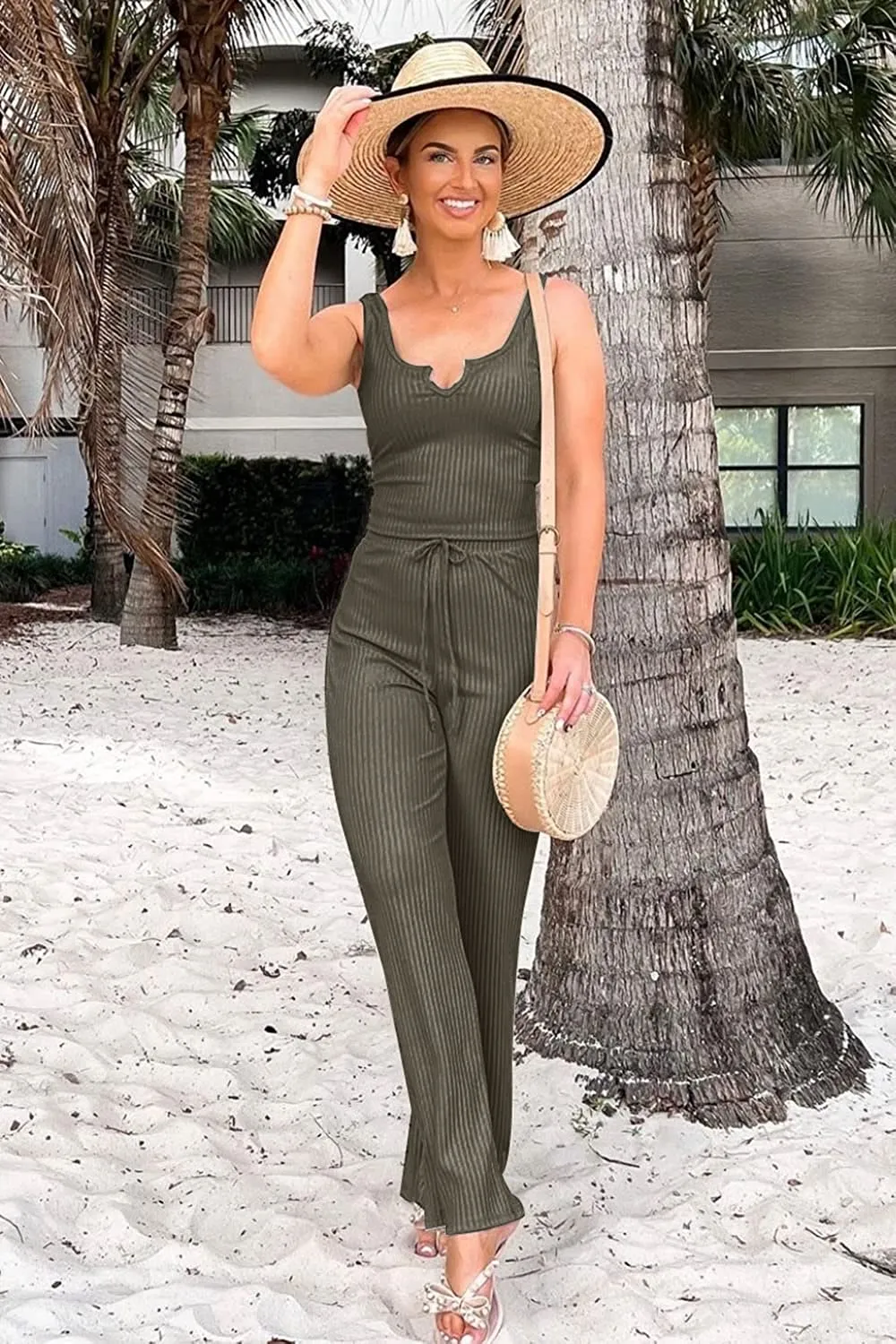Women's Summer Casual Two Piece Outfits Sweatsuits Tank Scoop Neck Ribbed Knit