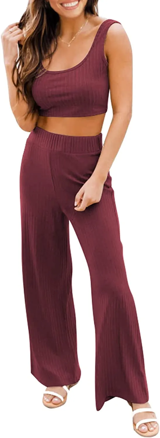 Women's Summer Casual Two Piece Outfits Sweatsuits Tank Scoop Neck Ribbed Knit