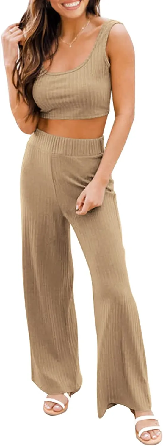 Women's Summer Casual Two Piece Outfits Sweatsuits Tank Scoop Neck Ribbed Knit