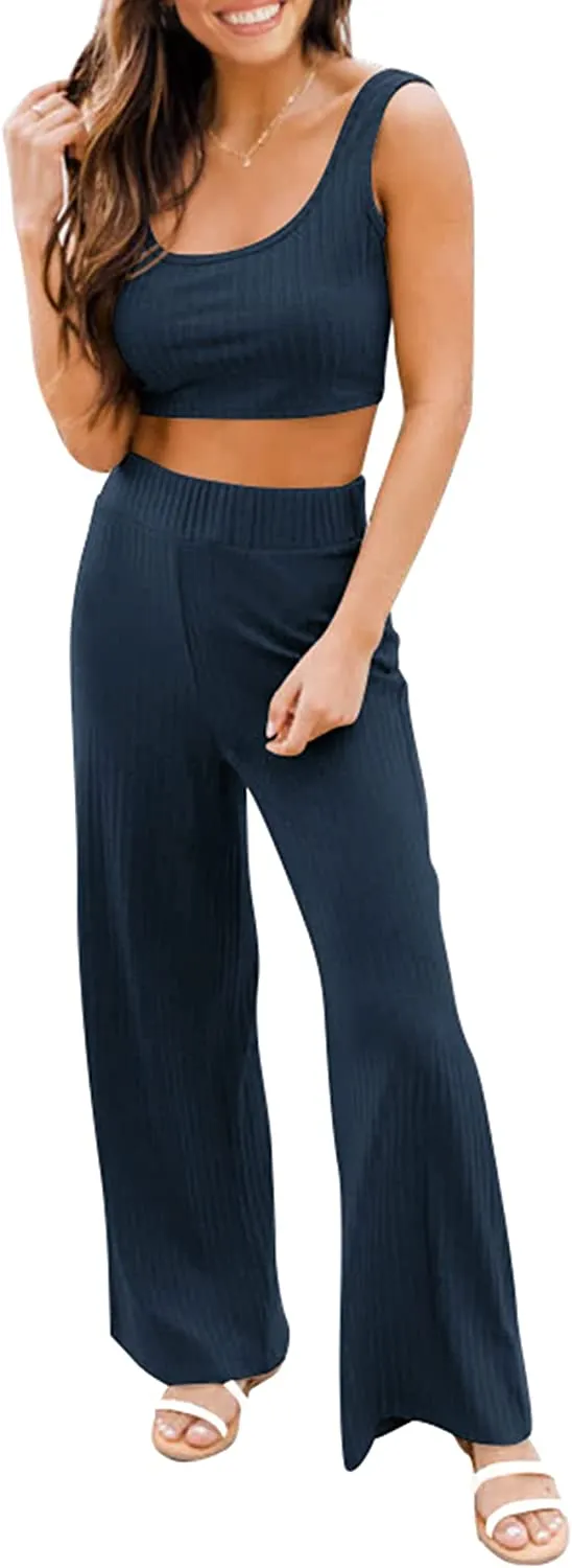 Women's Summer Casual Two Piece Outfits Sweatsuits Tank Scoop Neck Ribbed Knit