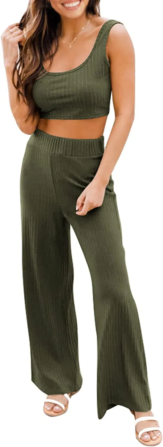 Women's Summer Casual Two Piece Outfits Sweatsuits Tank Scoop Neck Ribbed Knit