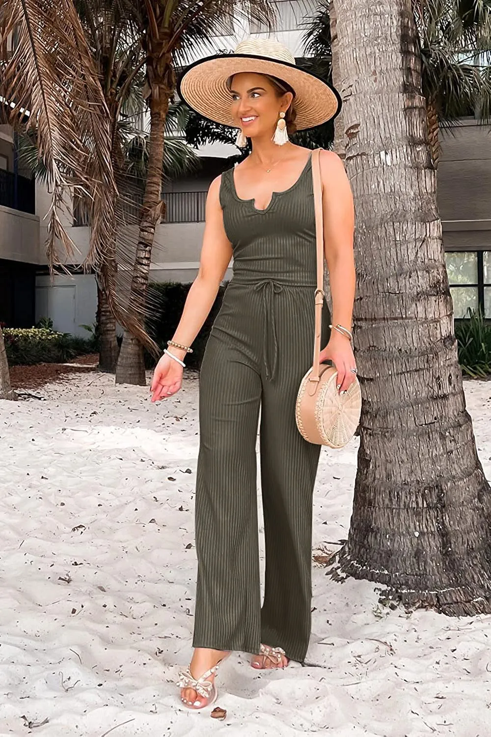 Women's Summer Casual Two Piece Outfits Sweatsuits Tank Scoop Neck Ribbed Knit
