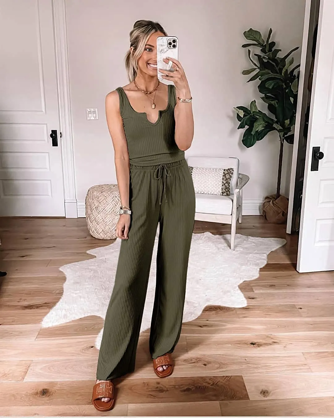 Women's Summer Casual Two Piece Outfits Sweatsuits Tank Scoop Neck Ribbed Knit