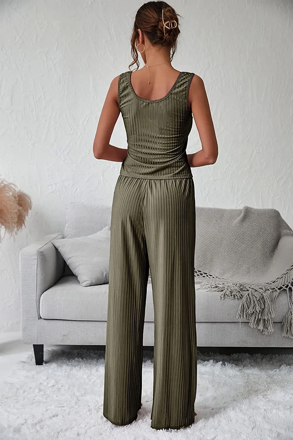 Women's Summer Casual Two Piece Outfits Sweatsuits Tank Scoop Neck Ribbed Knit