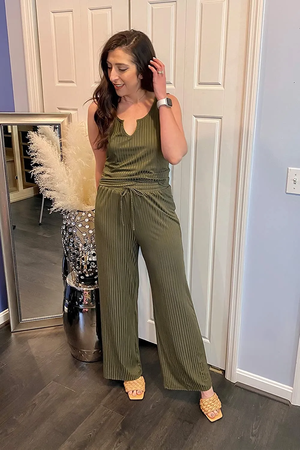 Women's Summer Casual Two Piece Outfits Sweatsuits Tank Scoop Neck Ribbed Knit