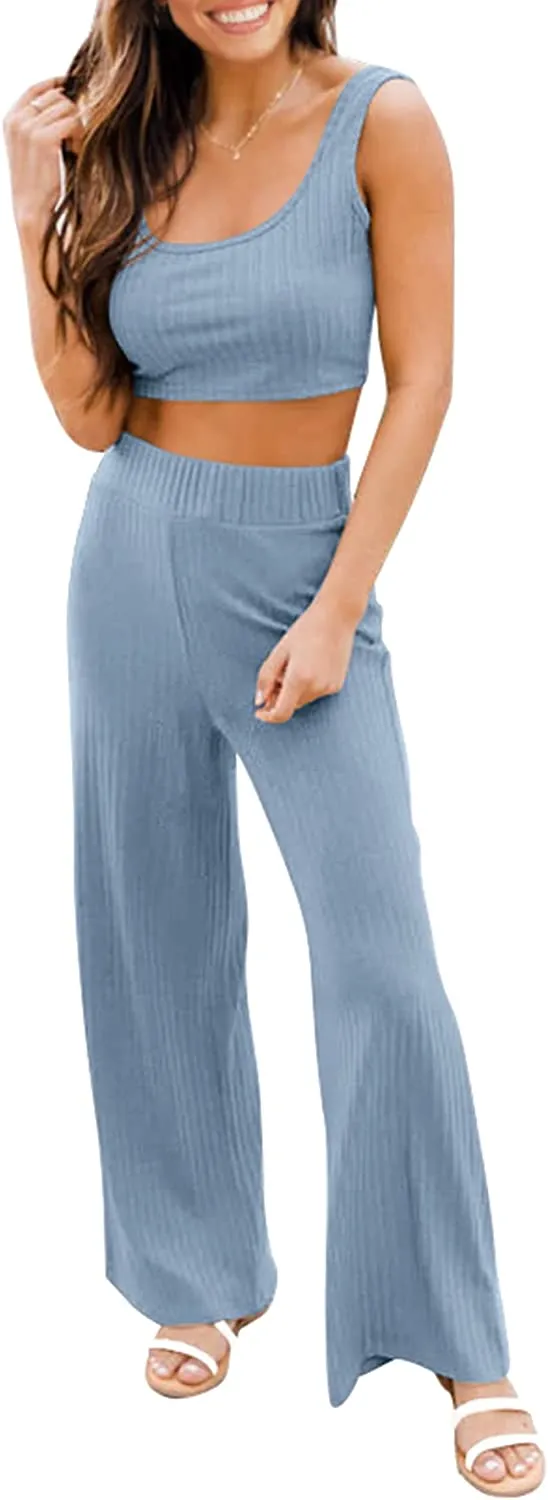 Women's Summer Casual Two Piece Outfits Sweatsuits Tank Scoop Neck Ribbed Knit