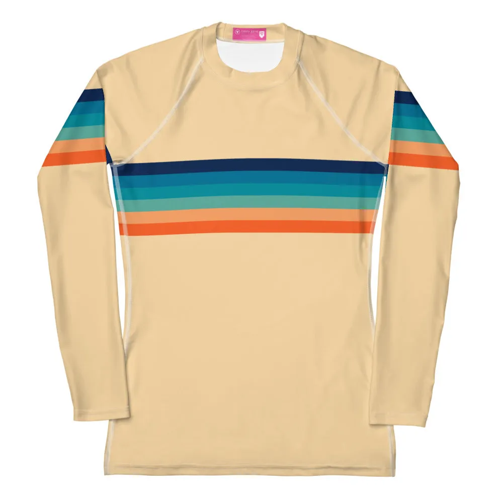 Womens UPF 50 Vintage 70s Stripe Rash Guard, Sunrise Stripes