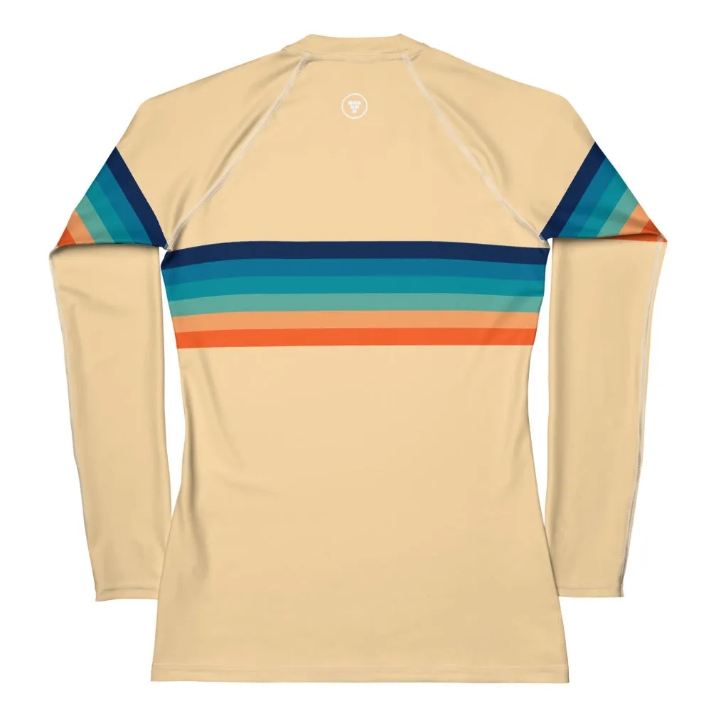 Womens UPF 50 Vintage 70s Stripe Rash Guard, Sunrise Stripes