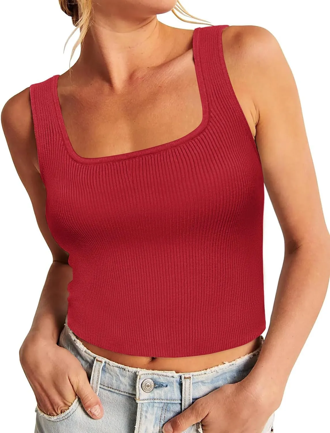 Zeagoo Womens 2024 Summer Tank Top Square Neck Ribbed Knit Crop Top Sleeveless Camisoles Slim Fitted Basic Sweater Shirt